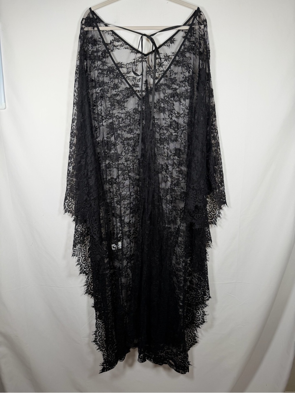 Whimsigoth Withcy Sheer Mesh Black Floral Lace Kimono Robe Fringe Hem